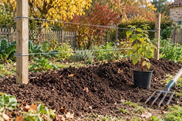 Terrain ameubli et palissage prêts pour la plantation d’un framboisier