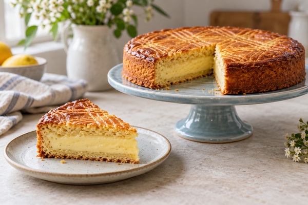 Gâteau basque doré et part laissant apparaître la crème pâtissière à la vanille