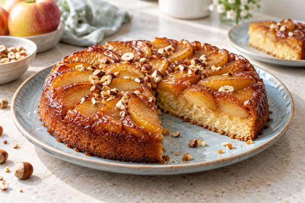 Gâteau renversé aux pommes caramélisées et noisettes, avec une part découpée