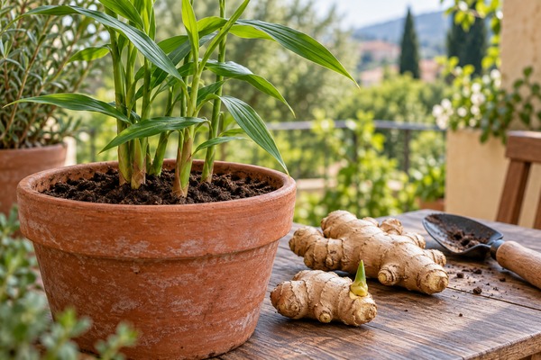 Gingembre cultivé en pot sur un balcon, avec des rhizomes frais dont un bourgeonné