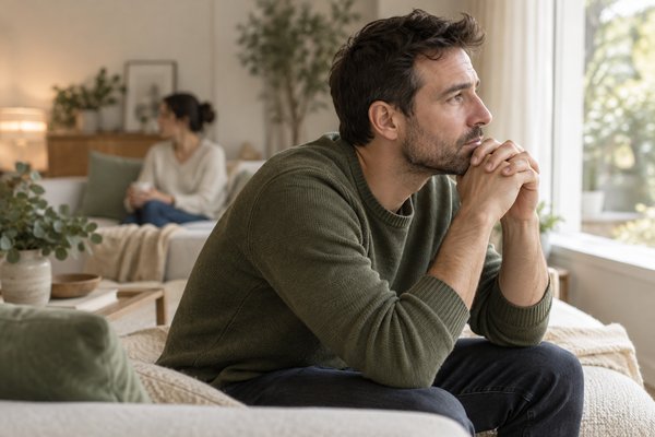 Homme pensif assis près d’une fenêtre, avec sa partenaire en arrière-plan