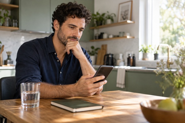Homme pensif regardant son téléphone après une reprise de contact avec un ancien partenaire