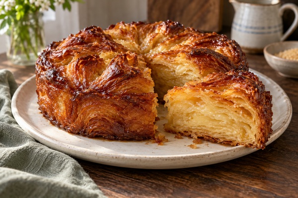 Kouign-amann doré et caramélisé avec une part montrant son feuilletage