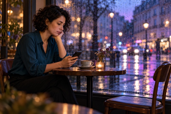 Femme regardant son téléphone, assise seule dans un café près d’une fenêtre pluvieuse