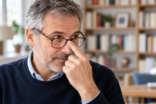 Un homme remonte ses lunettes de vue qui ont glissé sur son nez