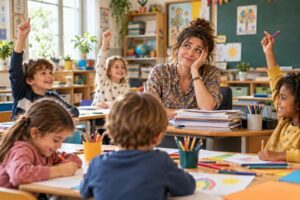 Illustration d’une enseignante à l’expression amusée et fatiguée, entourée d’élèves dans une classe.