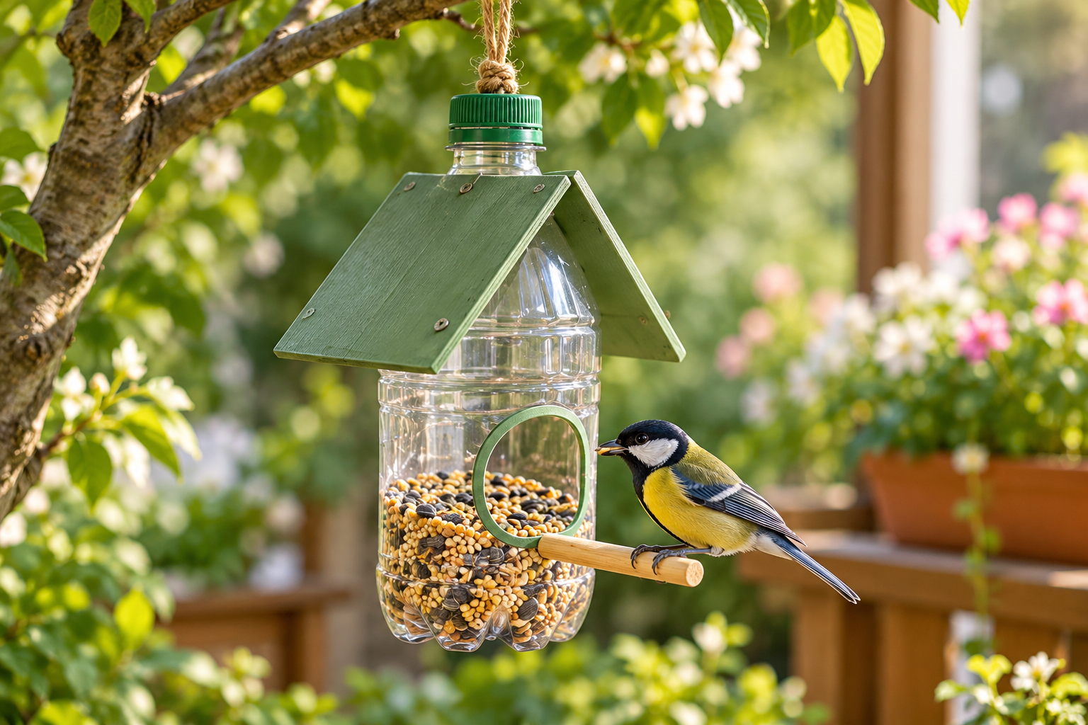 Mangeoire pour oiseaux réalisée à partir d’une bouteille en plastique