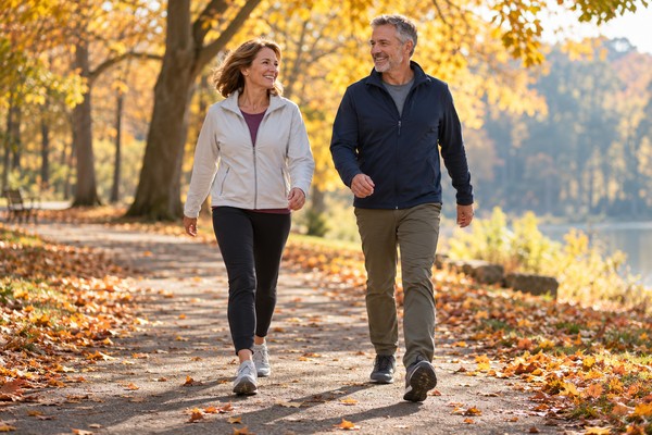 Deux adultes marchant d’un pas soutenu dans un parc en automne