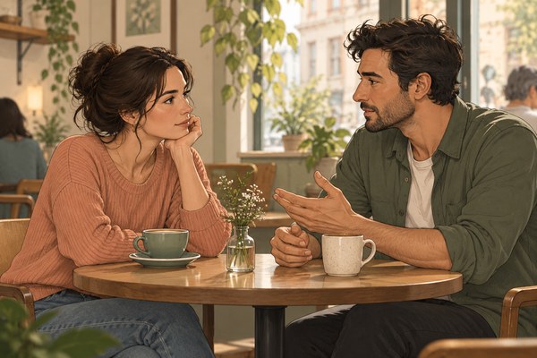 Illustration de deux adultes échangeant calmement à une table de café