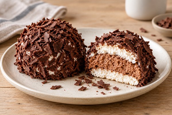 Merveilleux au chocolat recouverts de copeaux, dont un coupé montrant la meringue et la crème chocolatée
