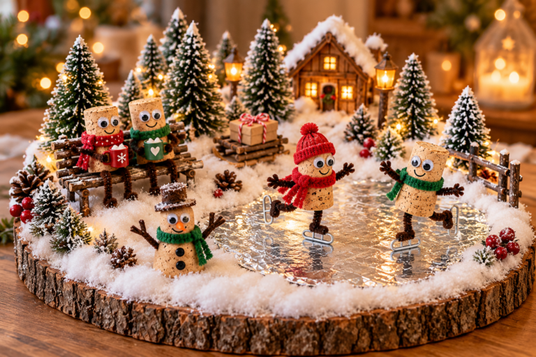 Scène miniature de Noël en bouchons de liège avec personnages, patinoire et sapins enneigés
