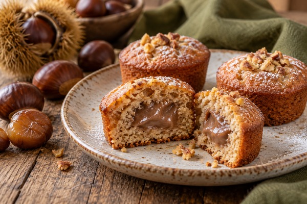 Moelleux aux marrons coupé en deux révélant un cœur de crème de marrons