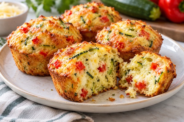 Muffins salés à la courgette, au fromage et au poivron rouge, dont un ouvert montrant la mie.