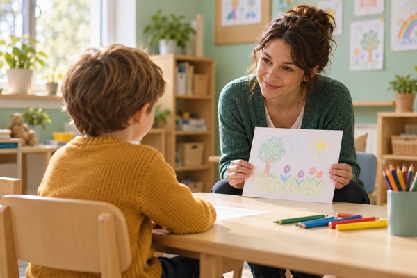 Une enseignante accompagne calmement un enfant vu de dos autour d’une activité de dessin en classe