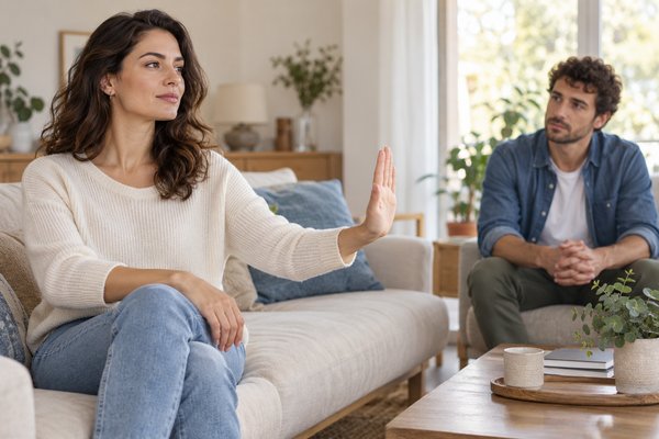Une femme exprime calmement une limite lors d’une discussion dans un salon.