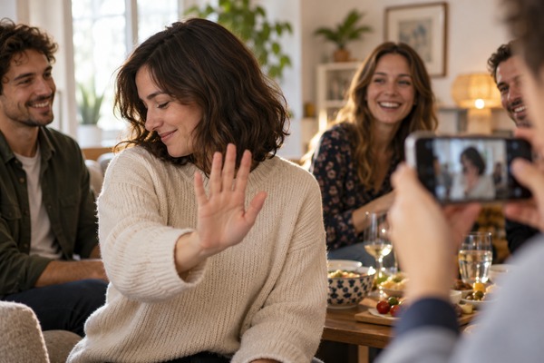 Une femme décline une photo prise avec un téléphone lors d’une réunion entre amis