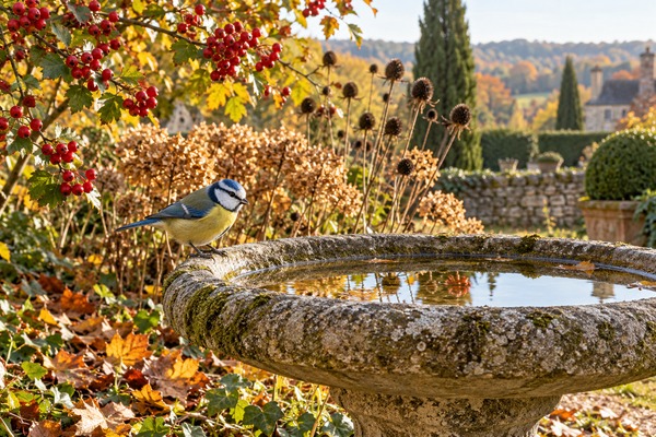 Mésange bleue au bord d’un abreuvoir dans un jardin automnal