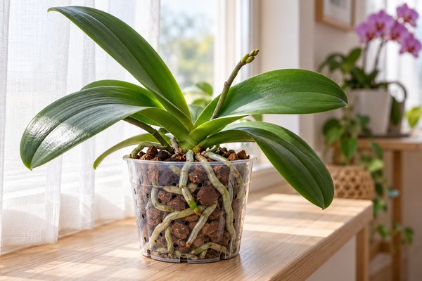 Orchidée Phalaenopsis dans un pot transparent près d’une fenêtre lumineuse.
