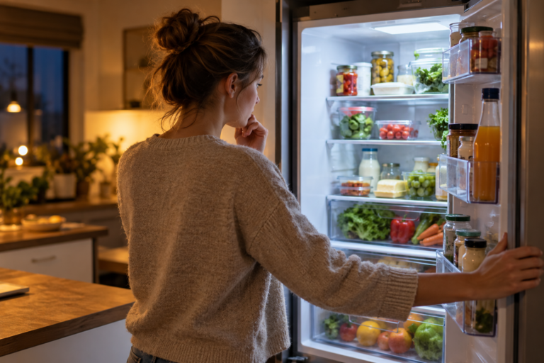 Une femme observe le contenu de son réfrigérateur ouvert sans prendre d’aliment