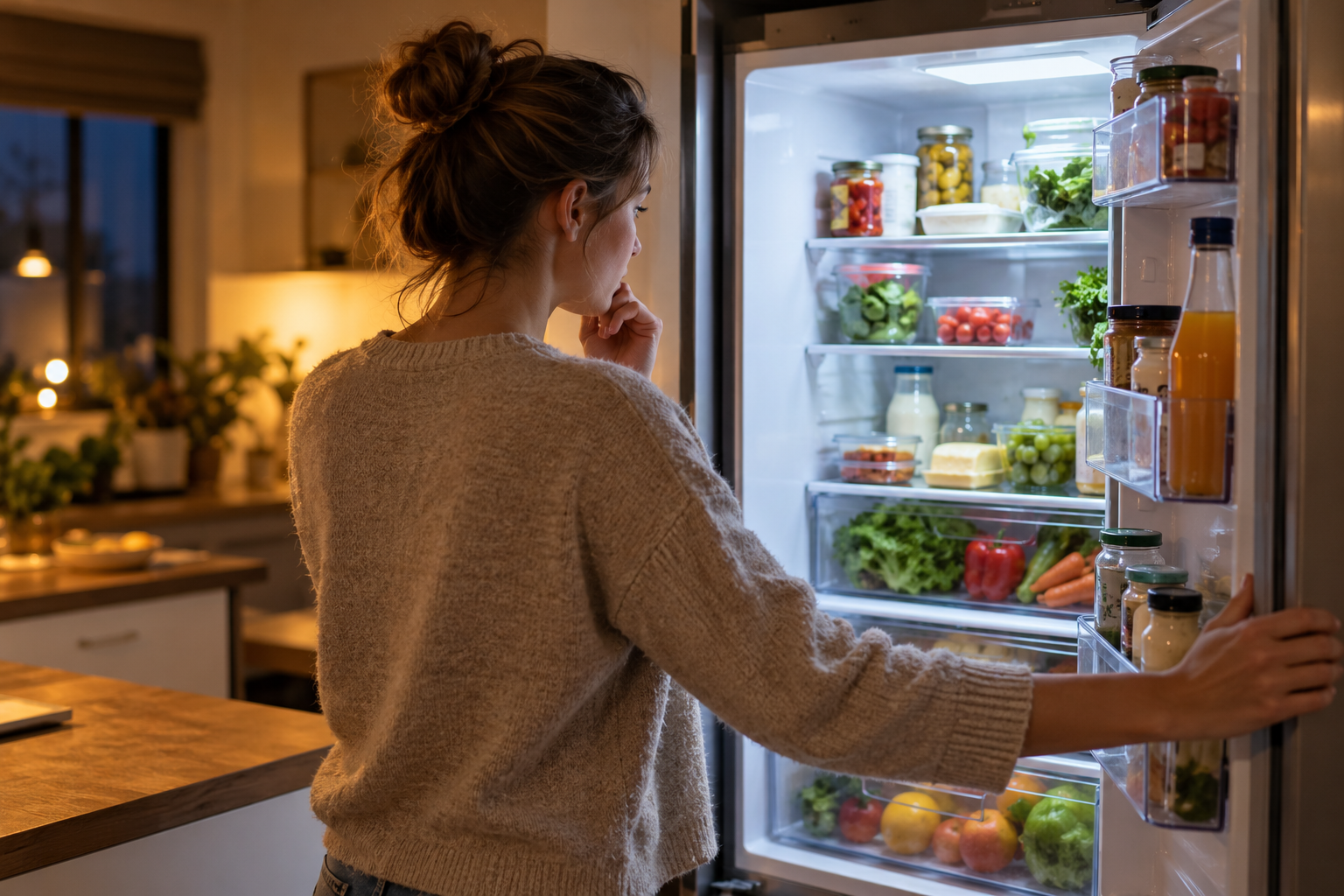 Une femme observe le contenu de son réfrigérateur ouvert sans prendre d’aliment