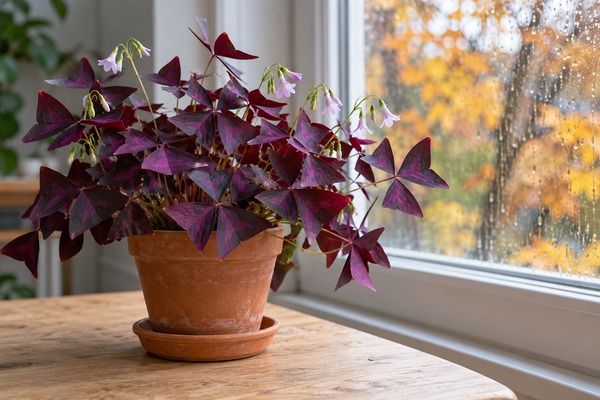 Oxalis triangularis pourpre en pot près d’une fenêtre en automne