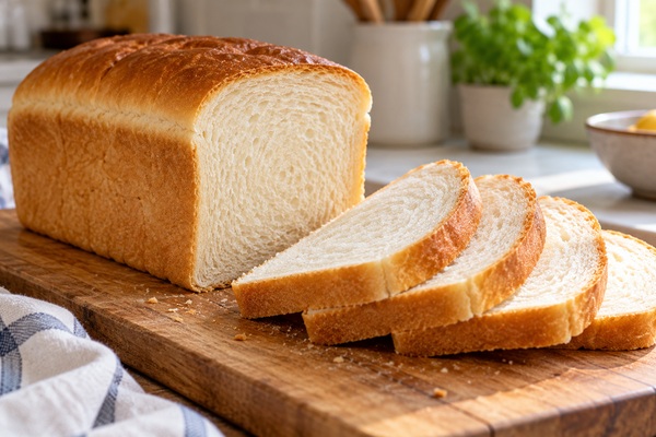 Pain de mie maison doré et tranches à la mie souple sur une planche