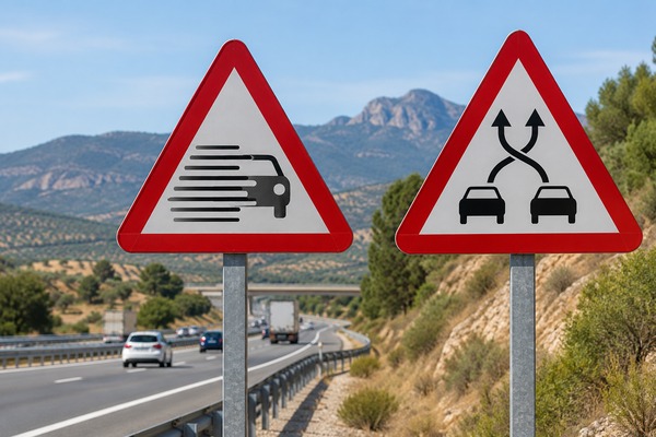 Deux panneaux triangulaires illustrant une visibilité réduite et une zone d’entrecroisement au bord d’une route.