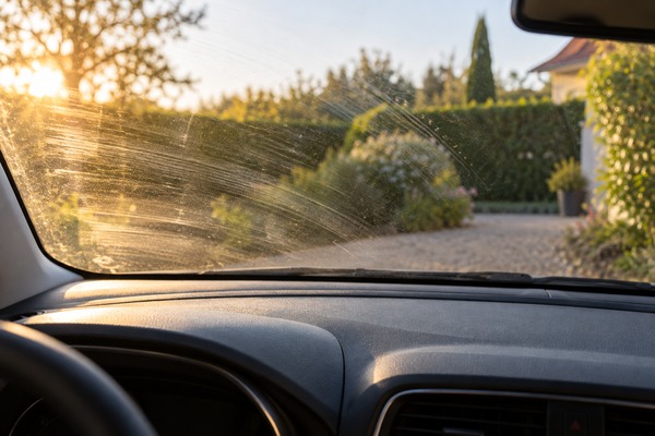 La lumière basse du soleil révèle des traces sur le pare-brise d’une voiture à l’arrêt