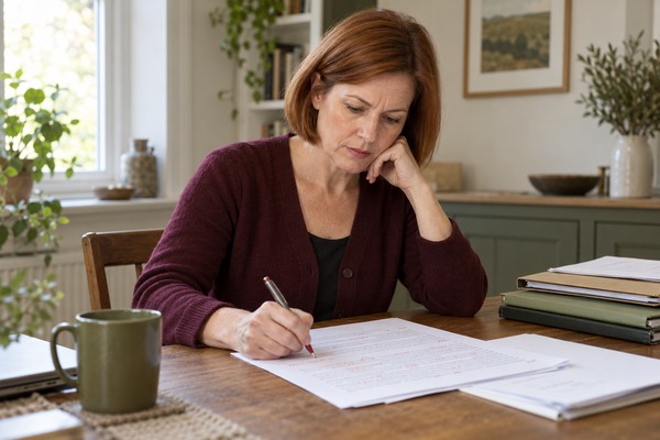 Une femme concentrée corrige un document à son bureau, avec des dossiers à proximité.