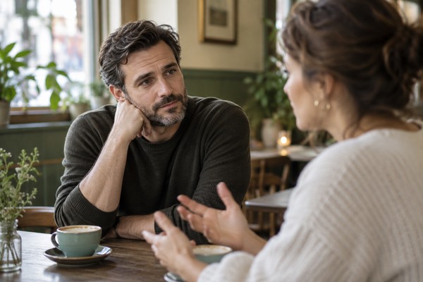 Homme écoutant attentivement une amie pendant une conversation dans un café