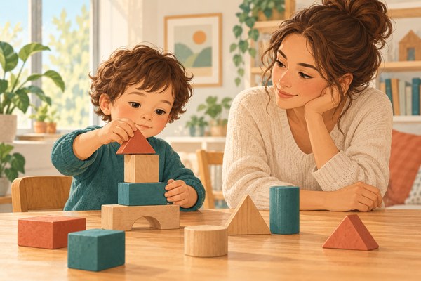Enfant explorant des blocs en bois sous le regard attentif d’une adulte