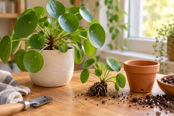 Pilea peperomioides et rejet enraciné à côté d’un petit pot de rempotage