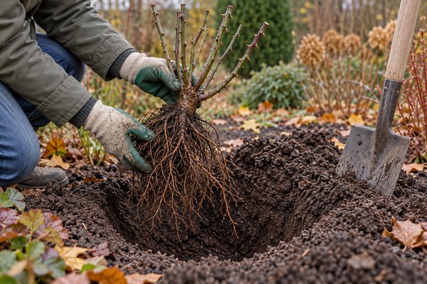 Un jardinier installe un rosier à racines nues dans une terre meuble en automne.