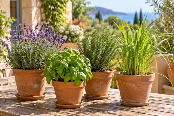 Lavande, basilic, romarin et citronnelle en pots sur une terrasse ensoleillée