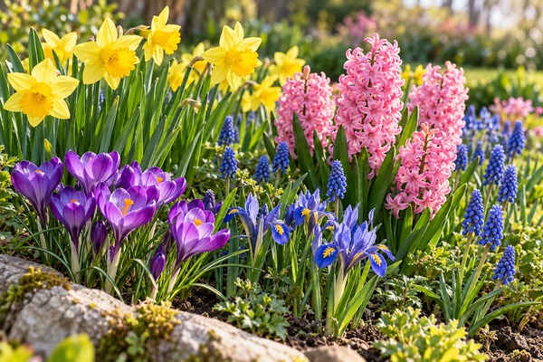 Massif printanier composé de narcisses jaunes, crocus violets, jacinthes roses, muscaris bleus et petits iris