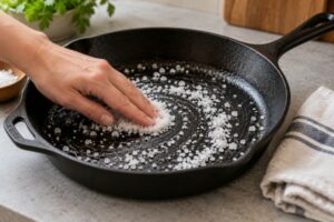 Une main frottant du gros sel dans une poêle en fonte non émaillée