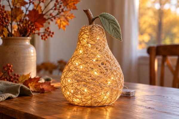 Poire décorative en ficelle ajourée éclairée par une guirlande LED sur une table