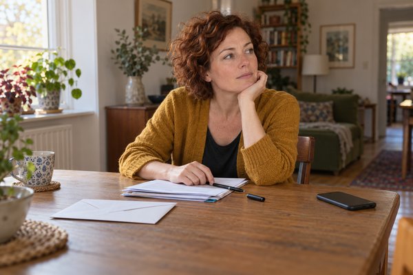 Une femme assise devant des papiers et un stylo regarde ailleurs avant de commencer une démarche.