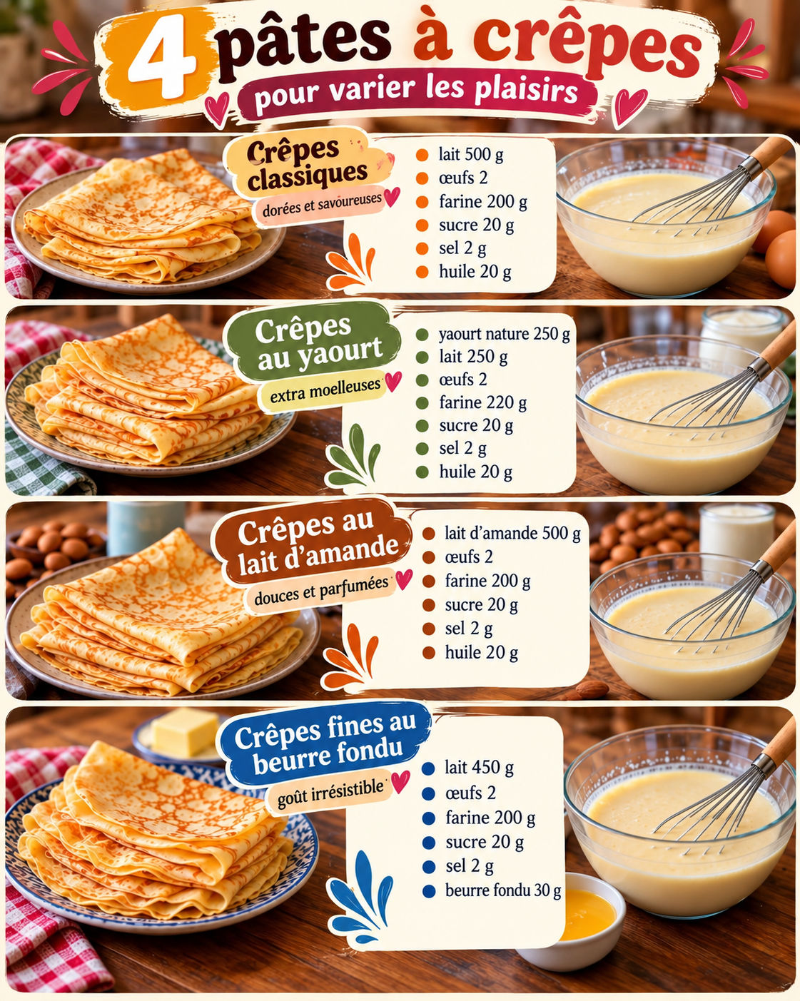 Quatre recettes de pâte à crêpes : classique, au yaourt, au lait d’amande et au beurre fondu
