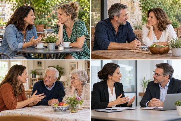 Quatre conversations à table : entre amies, avec son mari, avec ses parents et avec son patron