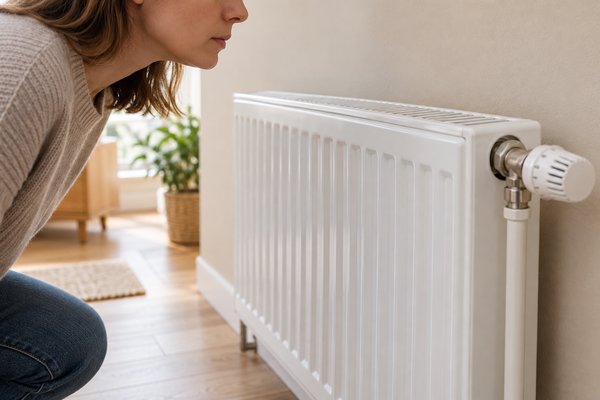 Une femme écoute un radiateur à eau chaude équipé d’un robinet thermostatique