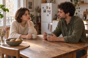 Un jeune couple échange à une table dans un appartement lumineux