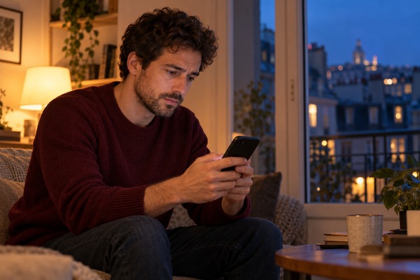 Un homme relit un message sur son téléphone près d’une fenêtre en soirée
