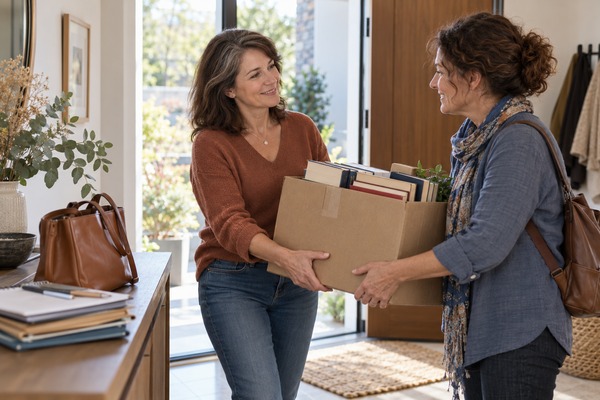 Deux femmes portent ensemble un carton de livres dans l’entrée d’une maison
