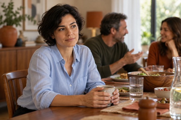 Une femme assise à table reste pensive tandis que ses proches discutent