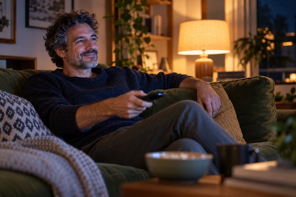 Un homme installé sur un canapé regarde un film avec un sourire détendu.