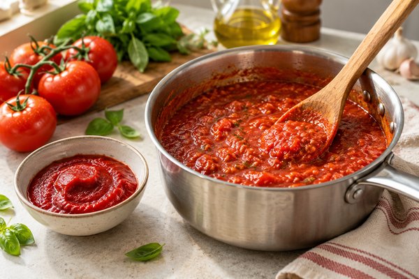 Sauce tomate maison dans une casserole avec un bol de purée de tomates nature
