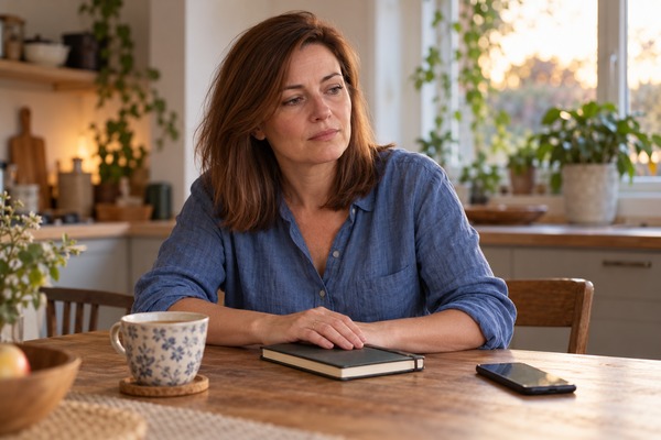 Femme fatiguée prenant une pause à une table, près d’un carnet et d’un téléphone