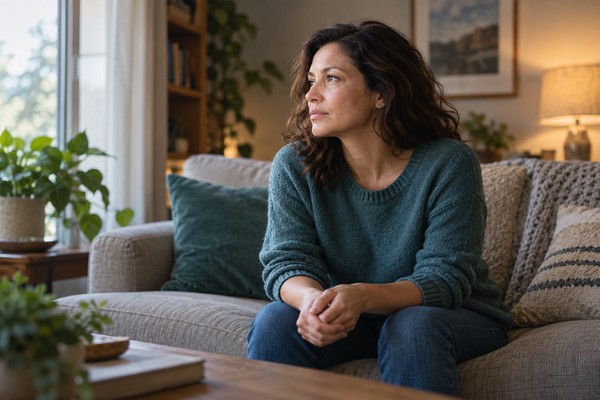 Femme assise sur un canapé, les mains jointes, regardant vers une fenêtre