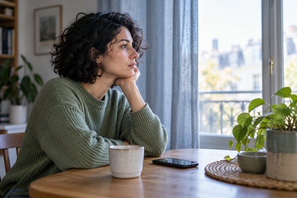 Femme pensive près d’une fenêtre, son téléphone posé sur la table